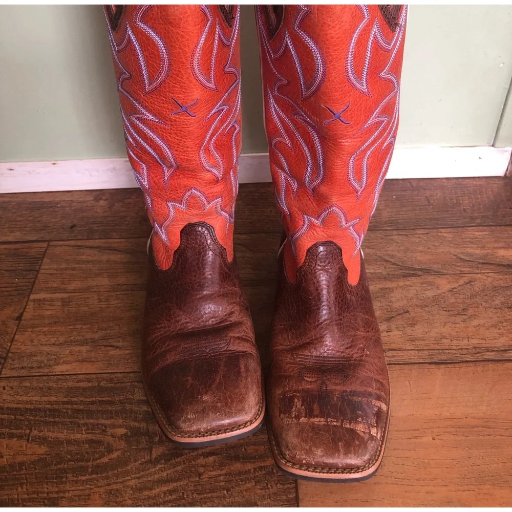 Twisted X Leather Brown/Orange Tall Leather Sq Toe Boots YBK0003 Boys 1.5 M
